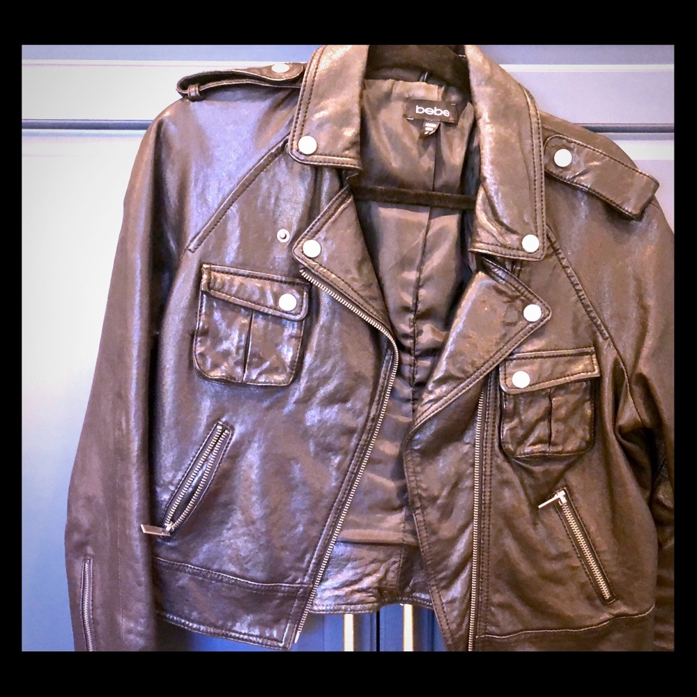 Bebe genuine leather, cropped moto jacket.